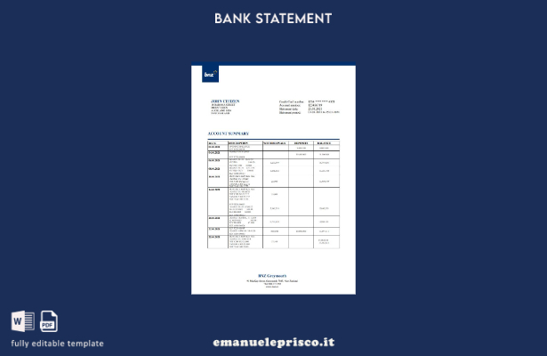 modello di parola di estratto conto bancario di Greymouth BNZ della Nuova Zeland